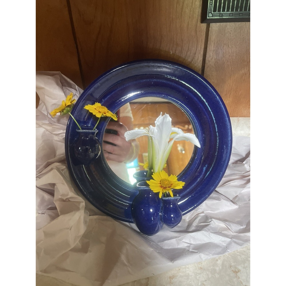 One Of A Kind - Artisan Made -‎ Ceramic Framed Mirror With Trio Of Ceramic Vases